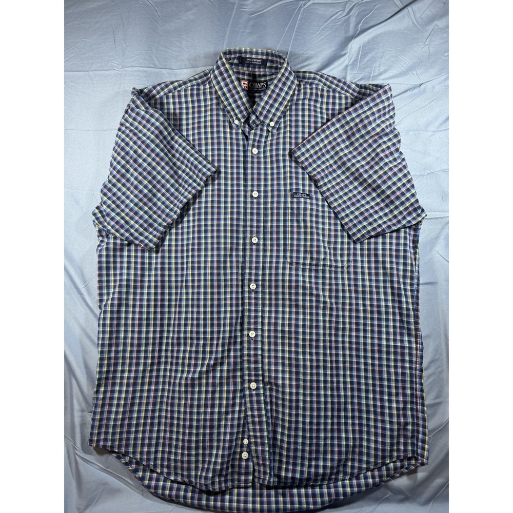 Vintage Chaps Ralph Lauren Men's Blue Plaid Short Sleeve Button Up Size Large